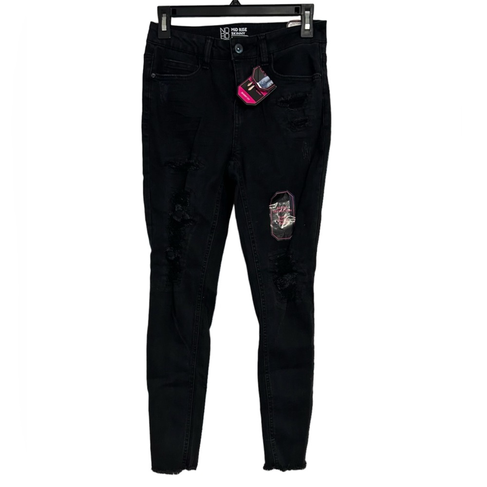 NOBO No Boundaries Black Distressed Mid Rise Skinny Frayed Jeans‎ Womens Size 7.